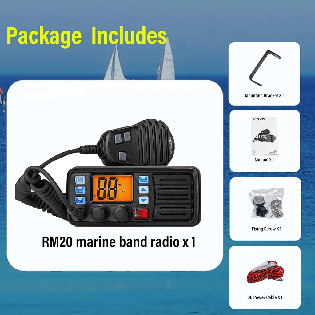 Retevis RM20 Marine VHF Radios Fixed Mount, Marine Band Radio with Built in GPS, DSC, IP67 Waterproof, High Power, NOAA Weather, International Channels, Ship to Shore Radio for Boats(Black)