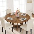 Round Dining Table with 4 Chairs, 5 Piece Farmhouse Dining Table Set, Space-Saving Kitchen Table Set for 4-6, Rustic MDF Dining Table + 4 Upholstered Dining Chairs with Faux Linen Fabric & Wood