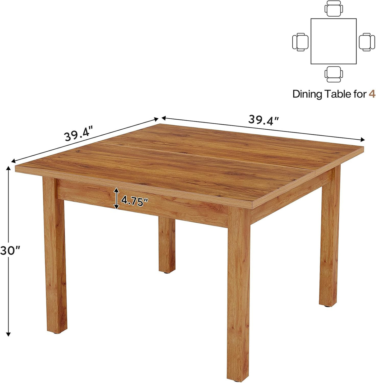Tribesigns Wood Dining Table Farmhouse Kitchen Table for Living Room, 4-Person Square Dinner Table with Wooden Legs, Rustic Brown