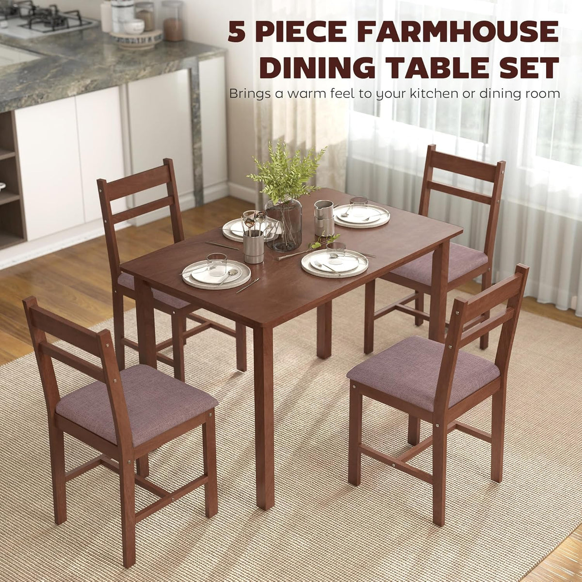 HOMCOM 5-Piece Solid Wood Dining Table Set for 4, Farmhouse Kitchen Table with Upholstered Chairs for Small Space, Dining Room, Breakfast Nook, Light Brown and Brown