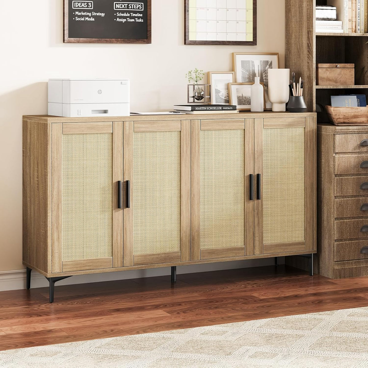 Luoxiao Sideboard Buffet Cabinet with Storage 48" Rattan Coffee Bar Boho Console Table with Adjustable Shelves & 4 Doors, Modern Credenza for Kitchen, Living Room, Entryway, Dining Room, Wood