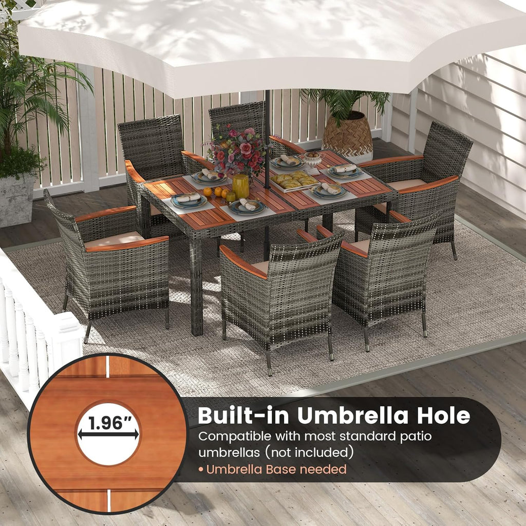 COSTWAY 7-Piece Patio Dining Set for 6, Outdoor Rattan Wicker Table and Chairs Furniture Set with Umbrella Hole, Acacia Wood Tabletop for Backyard, Balcony, Poolside, Grey & Beige