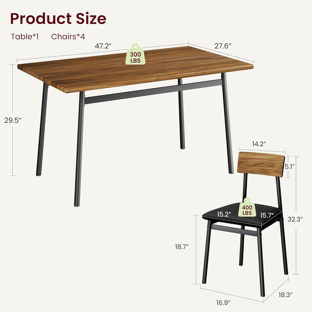 Garvee Dining Table Set for 4 with 4 Upholstered Chairs, Dining Room Table Set for 4 w/Smooth Edge, Wood Kitchen Table Chairs Set of 4 for Dining, Kitchen Room, Apartment,Walnut