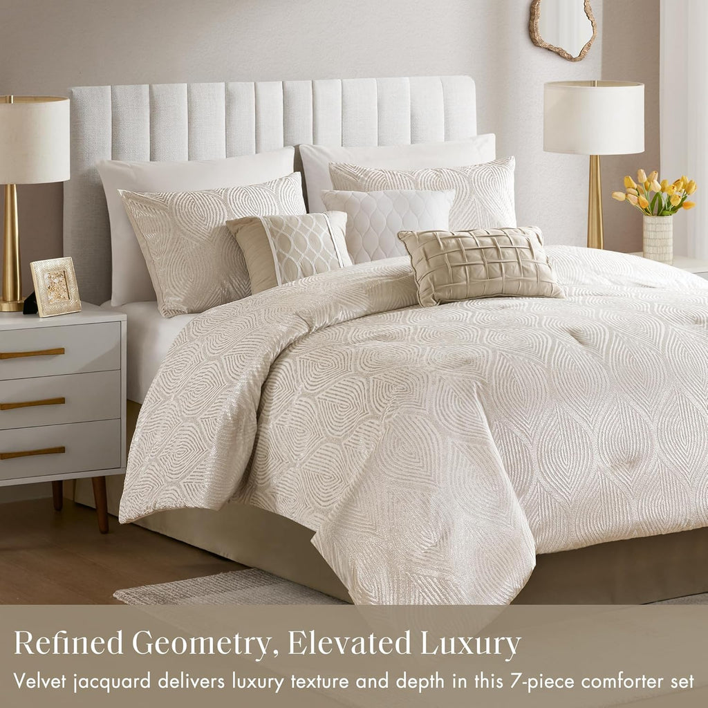 Madison Park 7-Piece Velvet Comforter Set, Jacquard Bedding Sets for All Season, Includes Comforter, Bed Skirt, Pillow Shams and Decorative Pillow, Queen/King/Cal King, Nocturne, Champagne | All Season