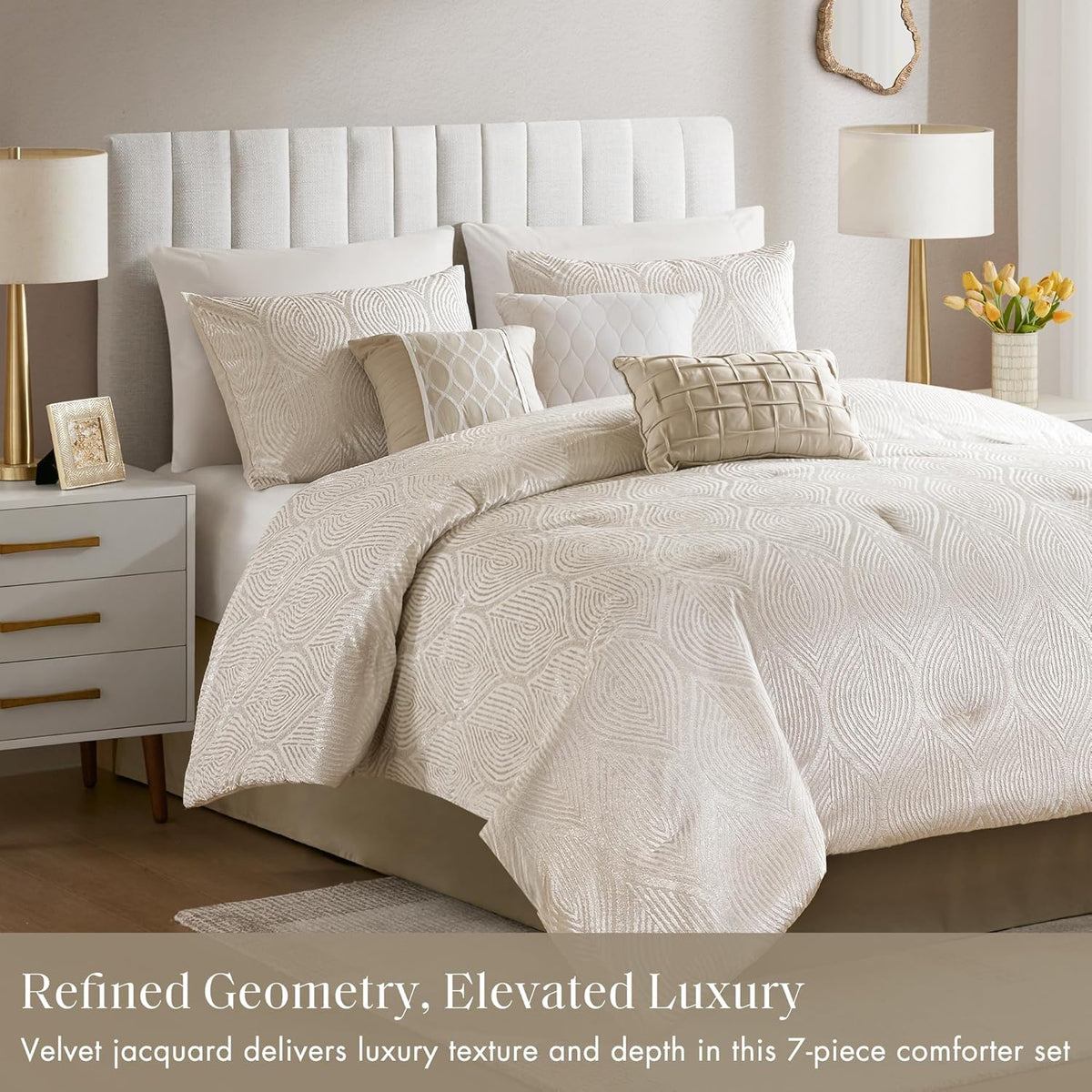 Madison Park 7-Piece Velvet Comforter Set, Jacquard Bedding Sets for All Season, Includes Comforter, Bed Skirt, Pillow Shams and Decorative Pillow, Queen/King/Cal King, Nocturne, Champagne | All Season