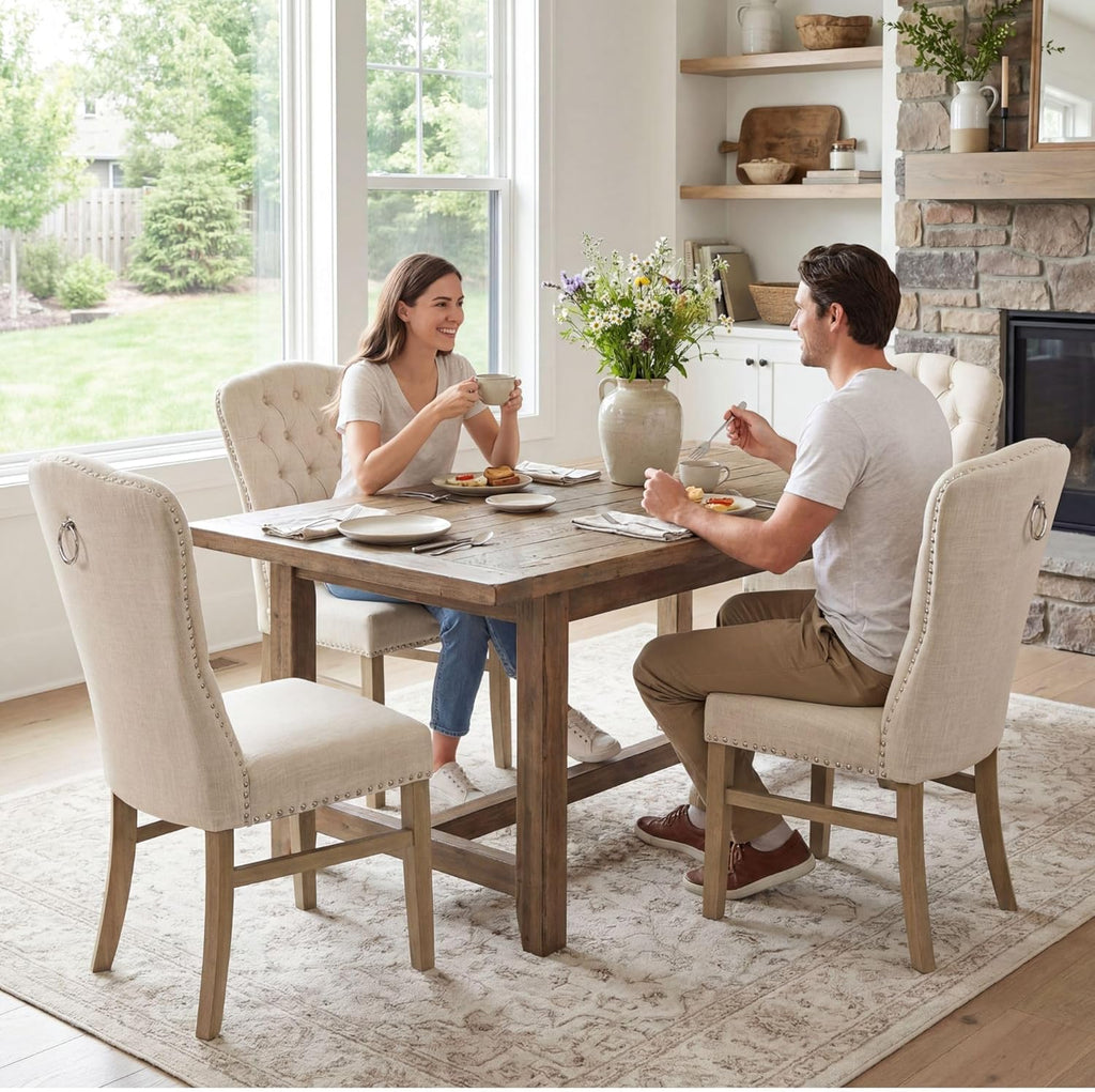 Tufted High Back Dining Chairs Set of 6, Linen Upholstered Farmhouse Kitchen Chairs, French Country Armless Wooden Side Chairs with Nailhead Trim for Dining/Kitchen/Living Room, Beige