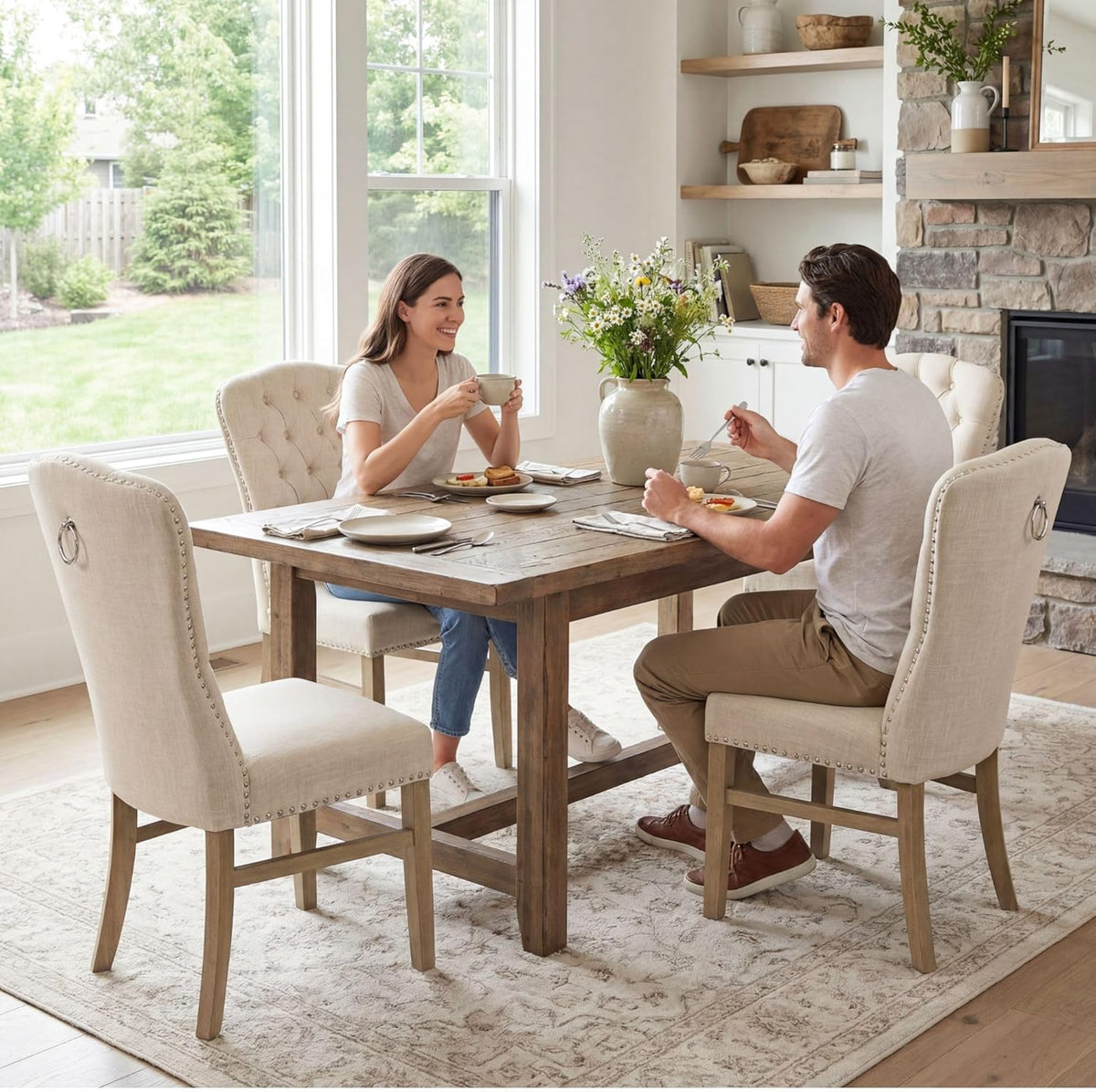 Tufted High Back Dining Chairs Set of 6, Linen Upholstered Farmhouse Kitchen Chairs, French Country Armless Wooden Side Chairs with Nailhead Trim for Dining/Kitchen/Living Room, Beige