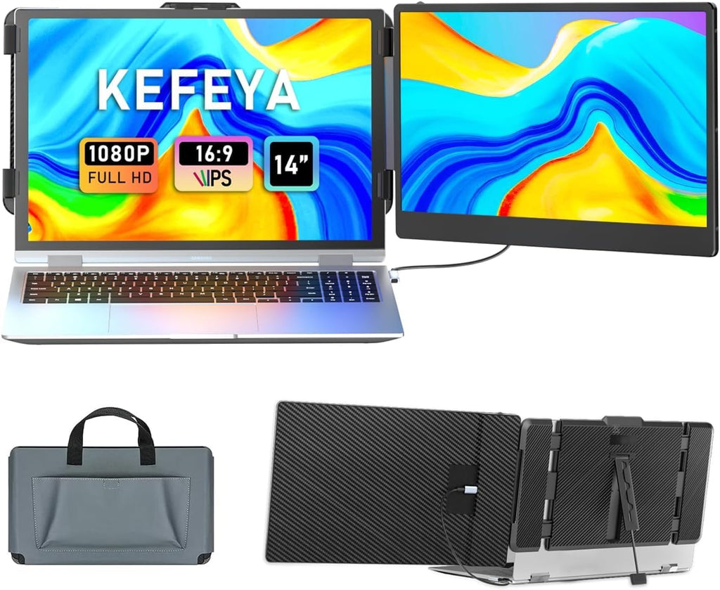 KEFEYA Laptop Screen Extender, 14" FHD 1080P IPS Laptop Monitor Extender Dual Screen, Portable Monitor for Laptops 13-17" with USB-C/HDMI Port, Plug n Play for Windows/Mac/Android/Switch/PS5