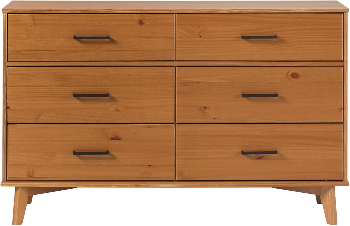 Walker Edison Sloane 6-Drawer Solid Wood Dresser with Metal Handles, 52 Inch, Caramel