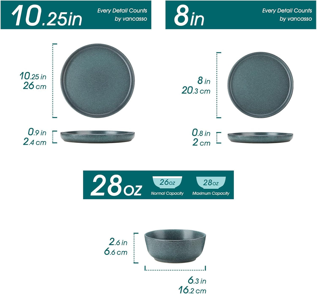 vancasso Plates and Bowls Sets, 24 Pieces Stoneware Dinnerware Set for 8, Ceramic Dish Set for Kitchen, Microwave and Dishwasher Safe, Smoky Teal, Series ZERMATT