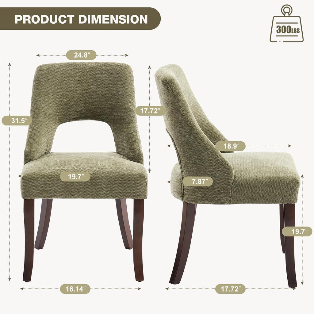 UVV Wooden Dining Chairs Set of 6, Mid Century Modern Chenille Upholstered Dining Room Chair Kitchen Chairs, Farmhouse Dinner Chair with Solid Wood Legs for Kitchen Dining Room, Green