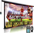 Aoxun 140 Inch Pull Down Projector Screen, HD 4K 16:9 Motorized Retractable Projector Screen for Indoor and Outdoor with Remote Control, Manual Projection Screen for Home Theater or Office, Black
