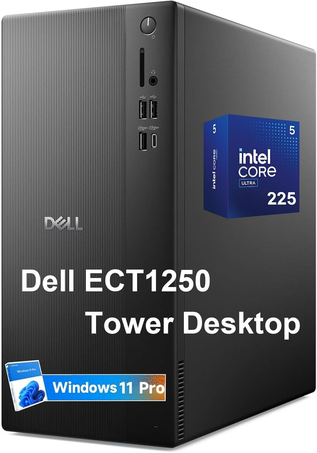 Dell ECT1250 Tower Business Desktop, Intel Core Ultra 5-225, up to 4.9 GHz, 16GB DDR5 RAM, 512GB SSD, Intel UHD Graphics, WiFi 6E, Bluetooth, Windows 11 Pro, HDMI, DisplayPort, Keyboard & Mouse