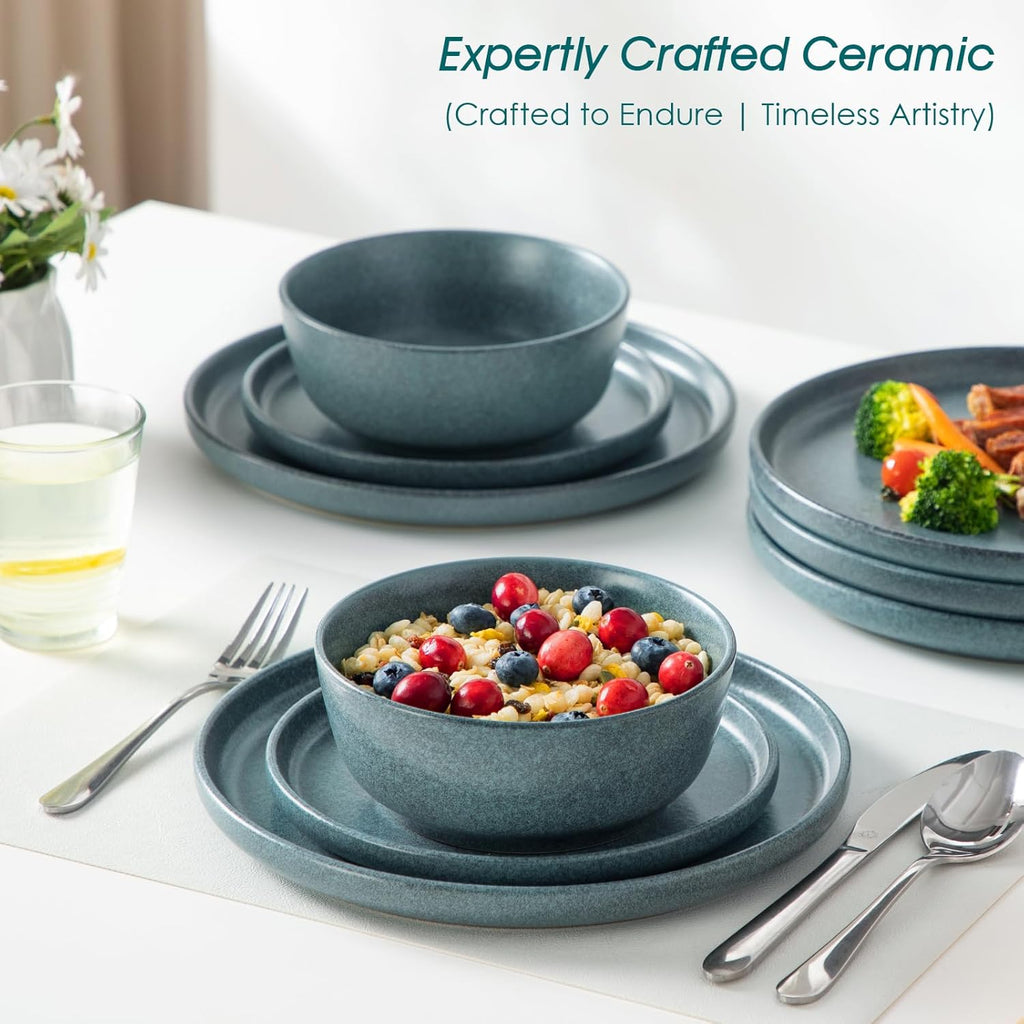 vancasso Plates and Bowls Sets, 24 Pieces Stoneware Dinnerware Set for 8, Ceramic Dish Set for Kitchen, Microwave and Dishwasher Safe, Smoky Teal, Series ZERMATT