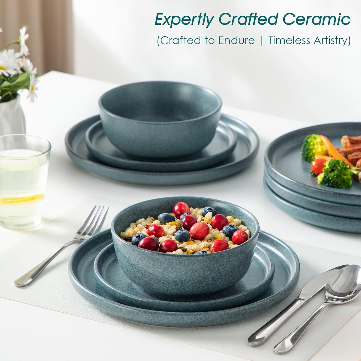 vancasso Plates and Bowls Sets, 24 Pieces Stoneware Dinnerware Set for 8, Ceramic Dish Set for Kitchen, Microwave and Dishwasher Safe, Smoky Teal, Series ZERMATT