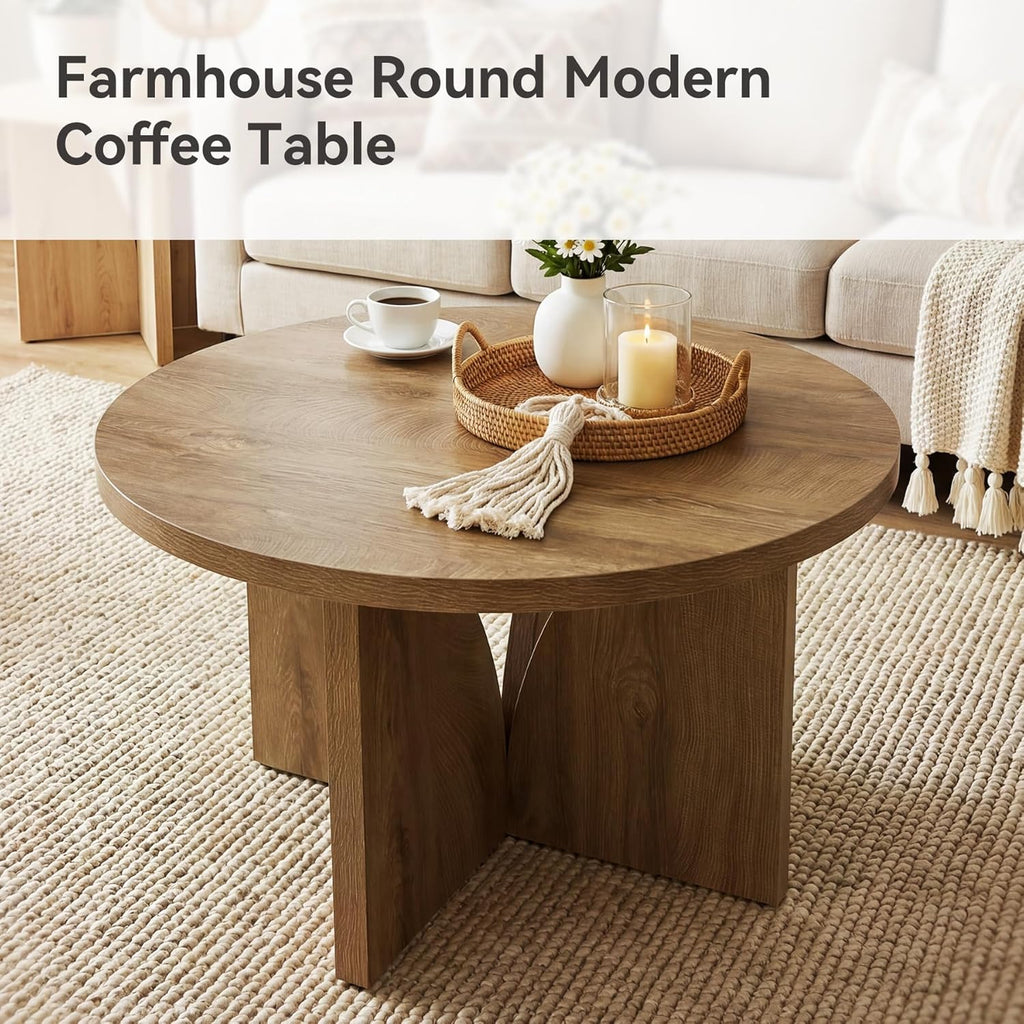 LITTLE TREE Round Coffee Table, 31.5-Inches Circle Center Table for Living Room, Modern Wooden Coffee Table for Small Space, Easy to Assemble, for Home Office, Small Space, Brown