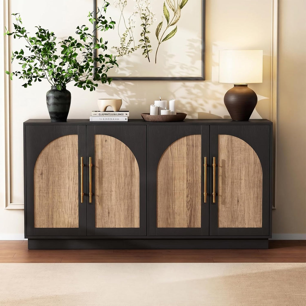 Scurrty 62" Antique Buffet Cabinet with Hutch, Vintage Sideboard Console for Dining Room & Kitchen, 2 Adjustable Shelves, Arched Doors & Metal Handles (Black)