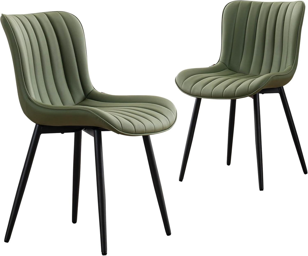 YOUNUOKE Mid-Century Modern Dining Chairs Set of 2, Olive Green Faux Leather Upholstered Accent Chairs with Black Metal Legs, Armless Side Chair for Dining Room, Guest Reception Room