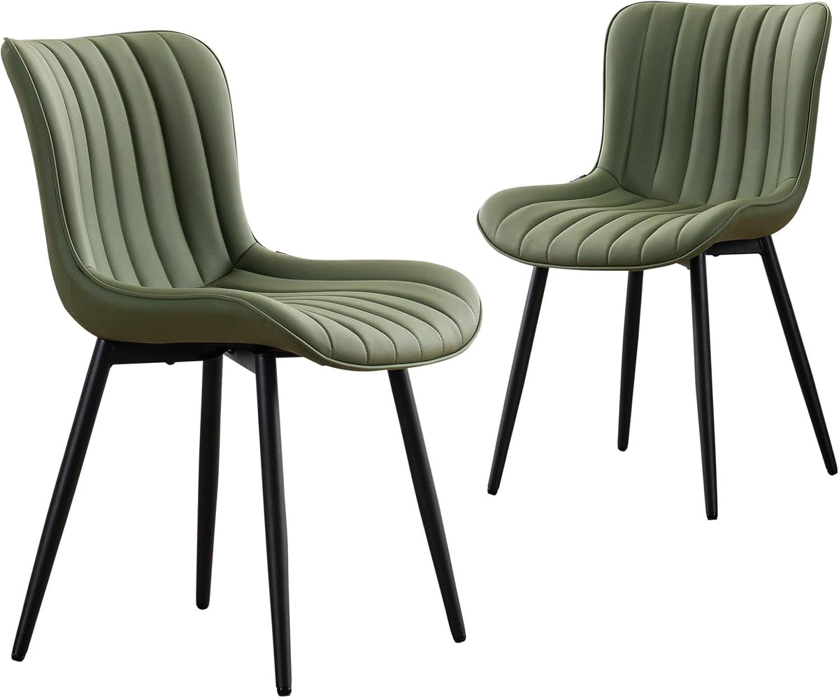 YOUNUOKE Mid-Century Modern Dining Chairs Set of 2, Olive Green Faux Leather Upholstered Accent Chairs with Black Metal Legs, Armless Side Chair for Dining Room, Guest Reception Room