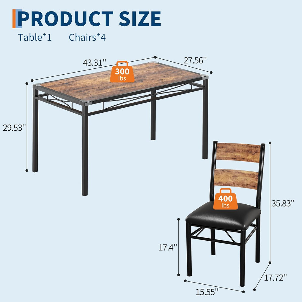 GarveeHome Dining Table Set for 4, Dining Room Table Set for 4 with Upholstered Chairs, Wood Kitchen Table Chairs Set of 4 with Corner Protector for Small Space, Kitchen, Apartment, Rustic Brown