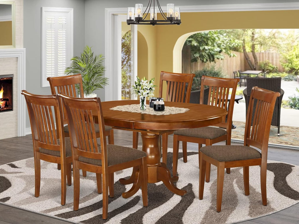 East West Furniture PORT7-SBR-C 7 Piece Dining Table Set Consist of an Oval Dining Room Table with Butterfly Leaf and 6 Linen Fabric Upholstered Chairs, 42x60 Inch, Saddle Brown