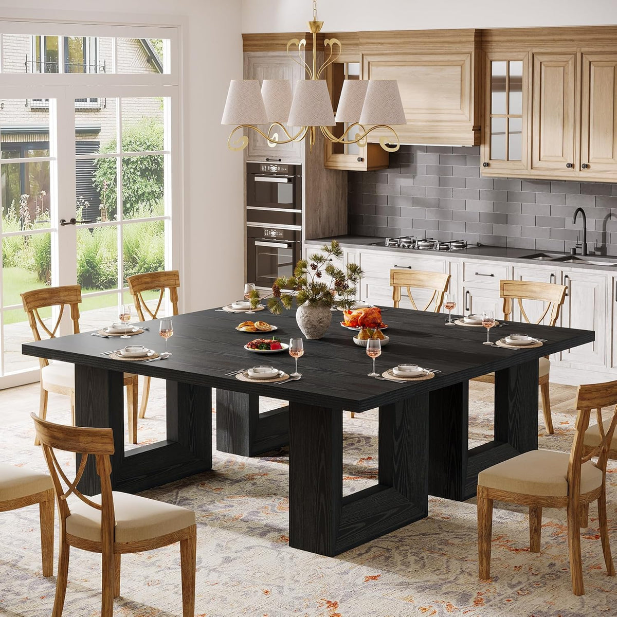 Tribesigns Farmhouse Dining Table, 63-Inch Rectangular Kitchen Table with Strong Geometric Frame for Kitchen & Dining & Living Room (Black)