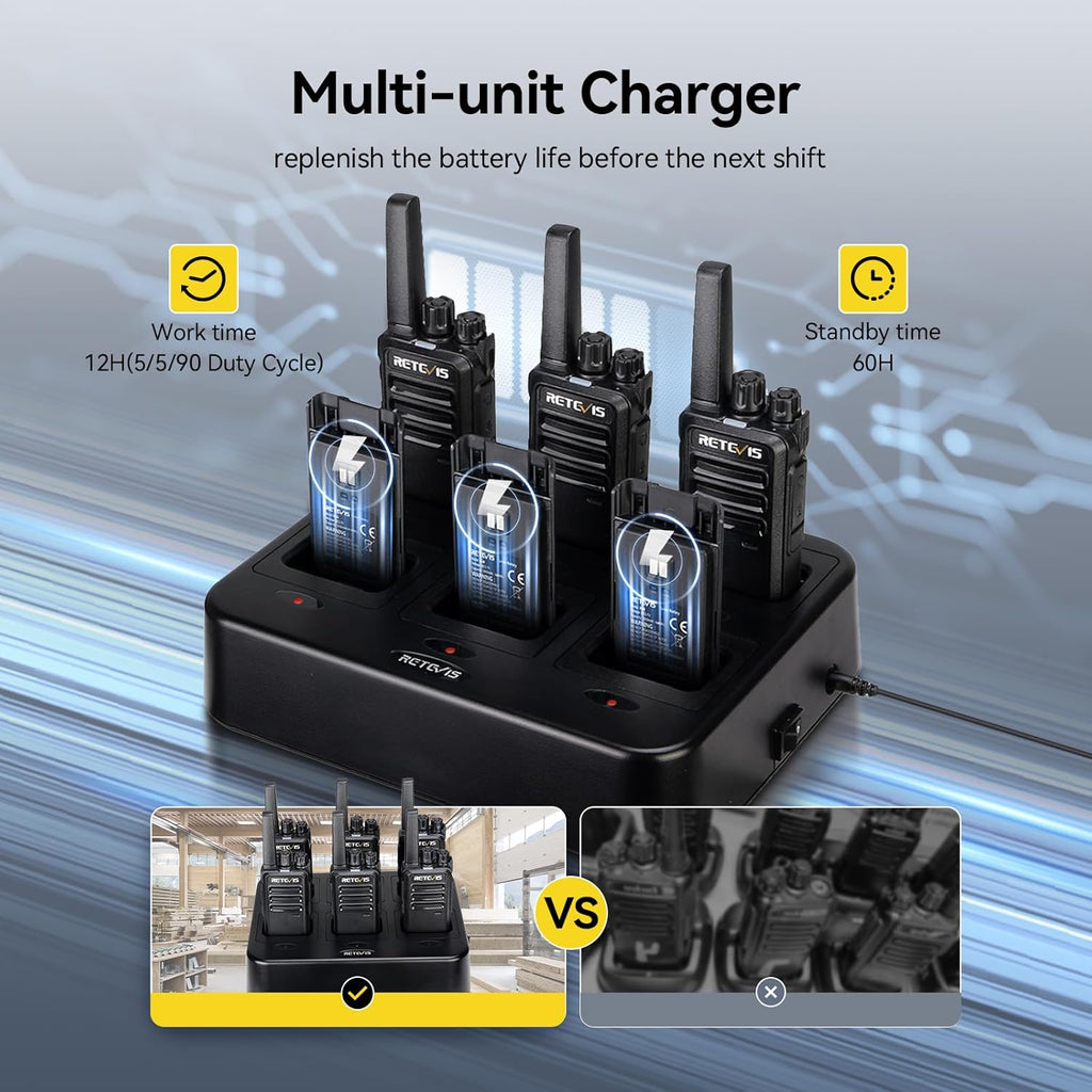 Retevis RT68 Walkie Talkies Rechargeable, Portable Two Way Radios 6 Pack with Six-Way Multi Gang Charger, Heavy Duty Walkie Talkie for Adults, Hands Free, Long Range, for School Restaurant Farm
