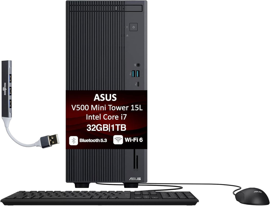 ASUS V500 15L Home & Business Tower Desktop (Intel i7-13620H, Intel UHD Shared, 32GB DDR5, 1TB SSD, WiFi 6, BT 5.3, Support 4K Monitor, Win11Pro) w/Wired Keyboard & Mouse, Dockztorm USB Hub (Renewed)