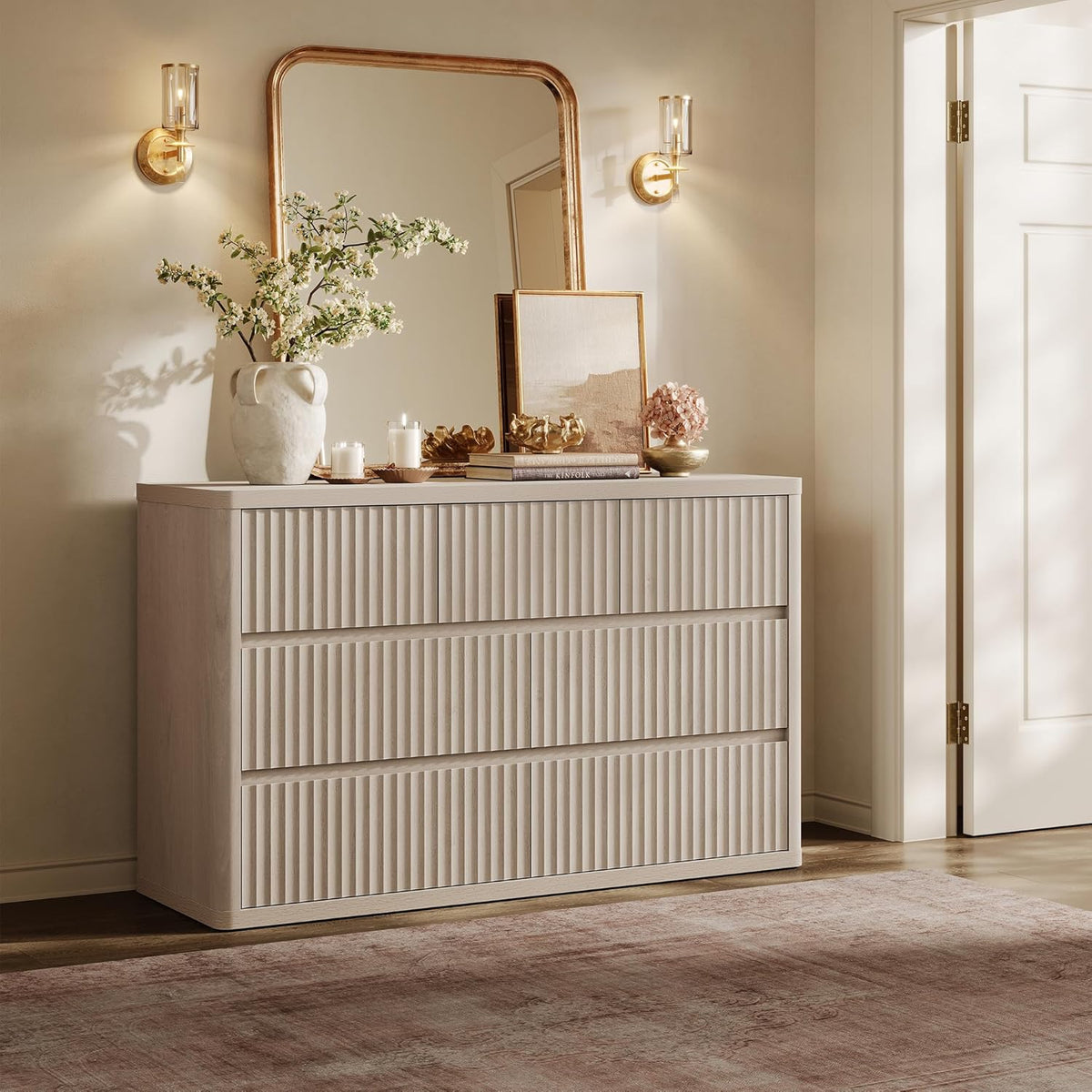 SICOTAS Dresser for Bedroom with 7 Drawers 53.5" Large Fluted Dresser TV Stand Modern Bedroom Dressers & Chests of Drawers Horizontal Wooden Dressers Storage Organizer for Hallway Closet Entryway