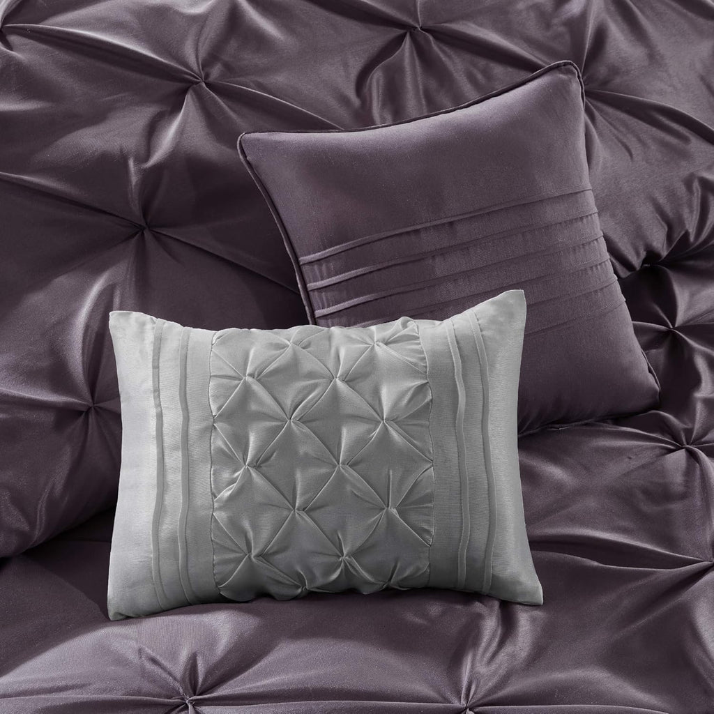 Madison Park Essentials King Comforter Set, 24 Piece Bedding With Matching Curtains, Decorative Pillows, Luxe Diamond Tufting , Room in a Bag Joella Collection, Plum King