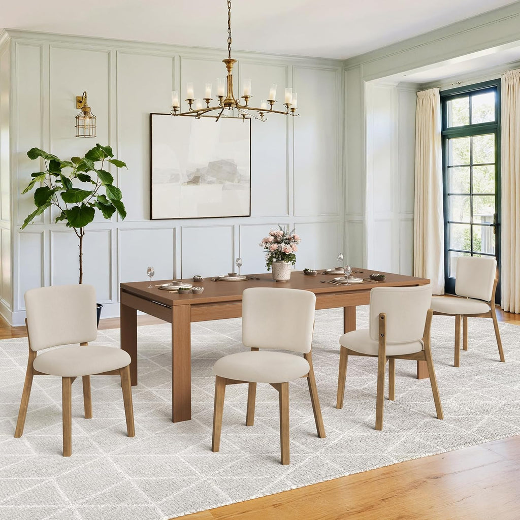 LUE BONA Wooden Dining Chairs Set of 4, Comfortable Wide Back Kitchen Side Chairs, Strong Thick Legs for Modern Farmhouse Dining Room, Linen Upholstered and Natural Wood Legs