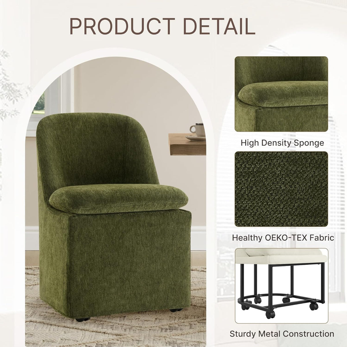 KISLOT Upholstered Dining Chairs with Casters, Washable Cover Modern Dining Room Chairs with Thick Cushion & Sturdy Metal Frame for Kitchen, Living Room, Dressing Room, Green Fabric, Set of 4
