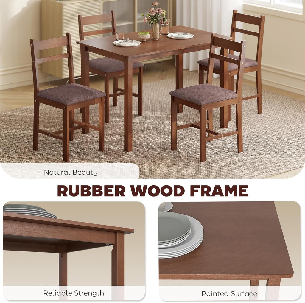 HOMCOM 5-Piece Solid Wood Dining Table Set for 4, Farmhouse Kitchen Table with Upholstered Chairs for Small Space, Dining Room, Breakfast Nook, Light Brown and Brown