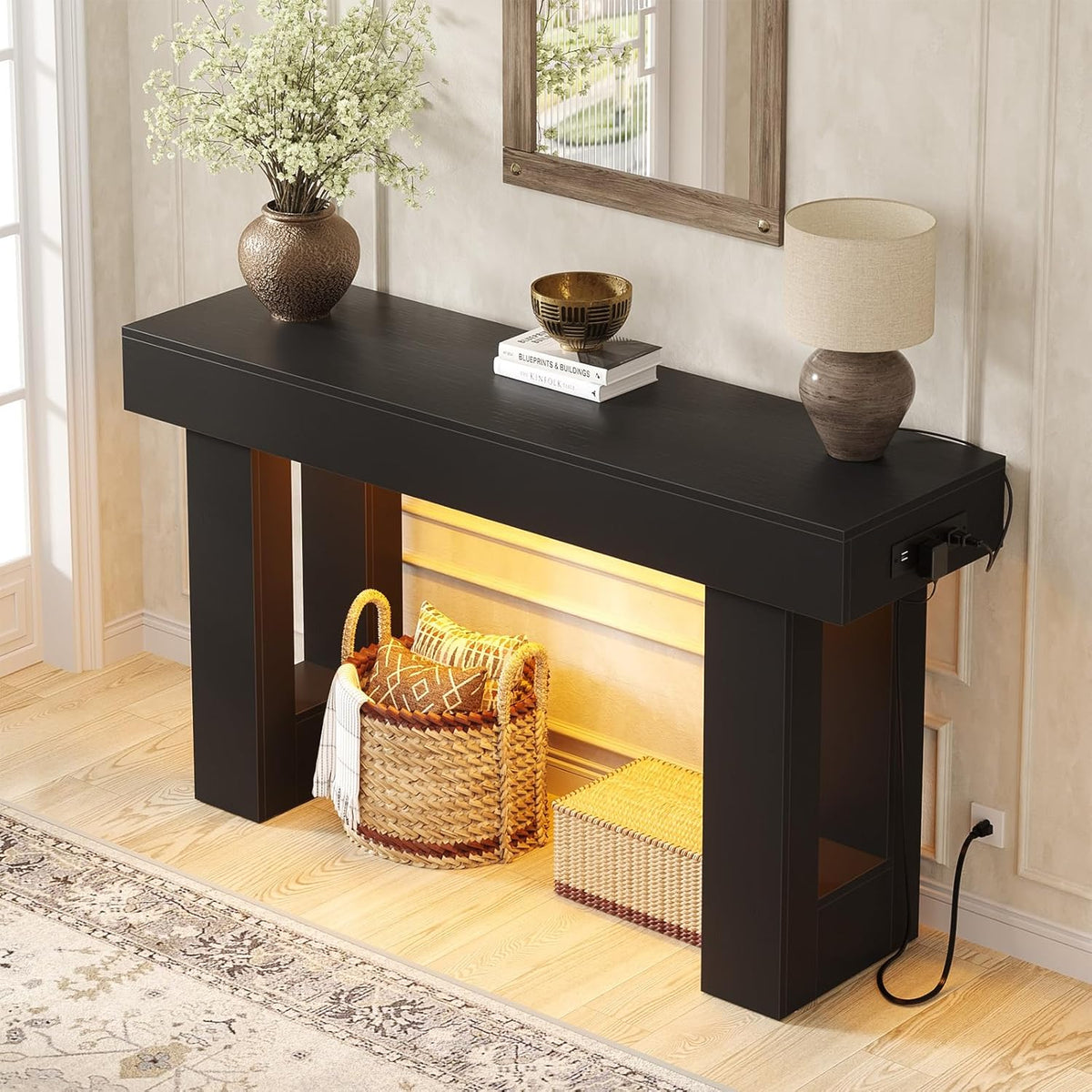 Unikito 47" Entryway Table with Socket and Sensor Light, Narrow Console Table with Storage Behind Couch, Farmhouse Entry Way Tables with Open Storage for Entrance/Hallway/Living Room, Black