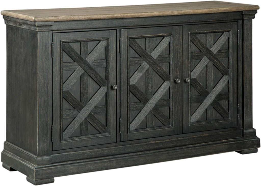 Signature Design by Ashley Tyler Creek Vintage Casual Dining Room Buffet Cabinet or Server with 3 Doors and Lattice Design, Wood, 36" High, Black & Gray