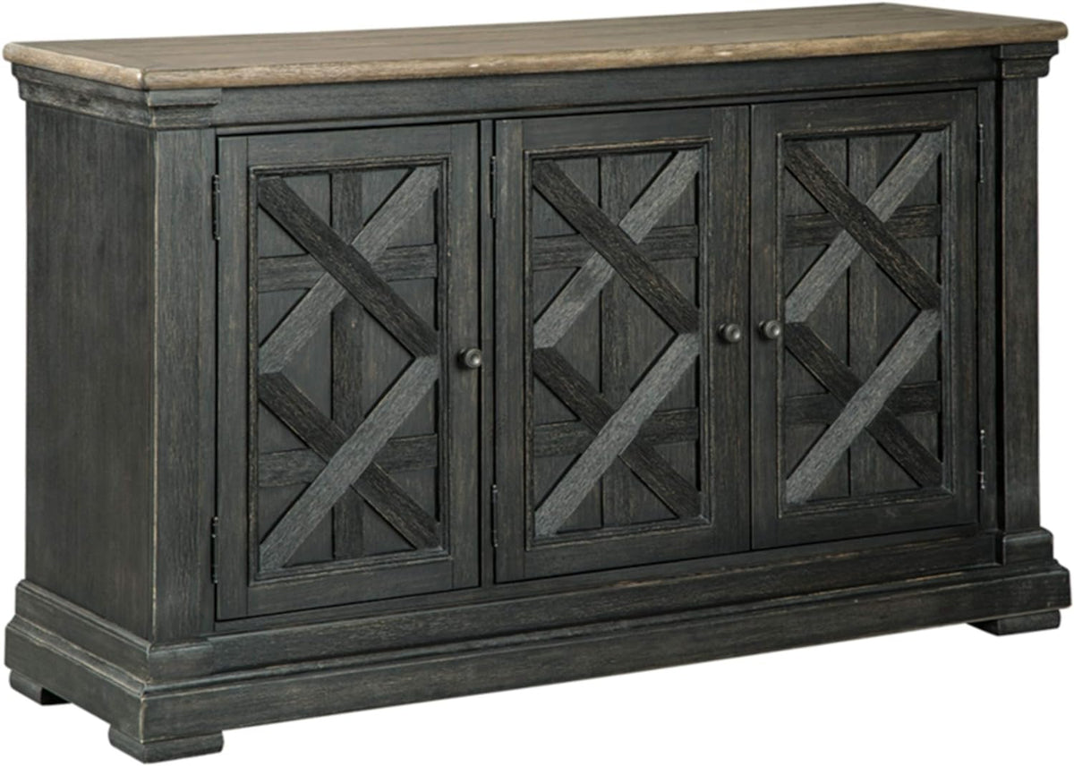 Signature Design by Ashley Tyler Creek Vintage Casual Dining Room Buffet Cabinet or Server with 3 Doors and Lattice Design, Wood, 36" High, Black & Gray