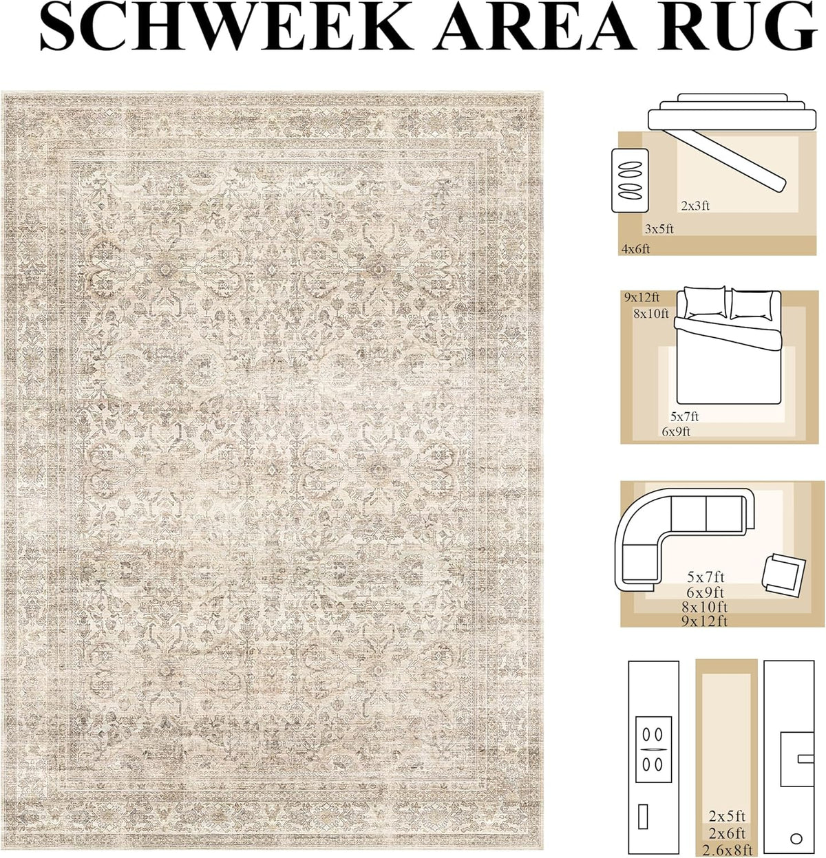 Schweek 9x12 Washable Area Rug Beige Neutral Vintage Distressed Rugs Large Non-Slip Living Room Area Rugs, Soft Low Pile Carpet Indoor Mat Throw Rug for Bedroom Dining Room Office Nursery