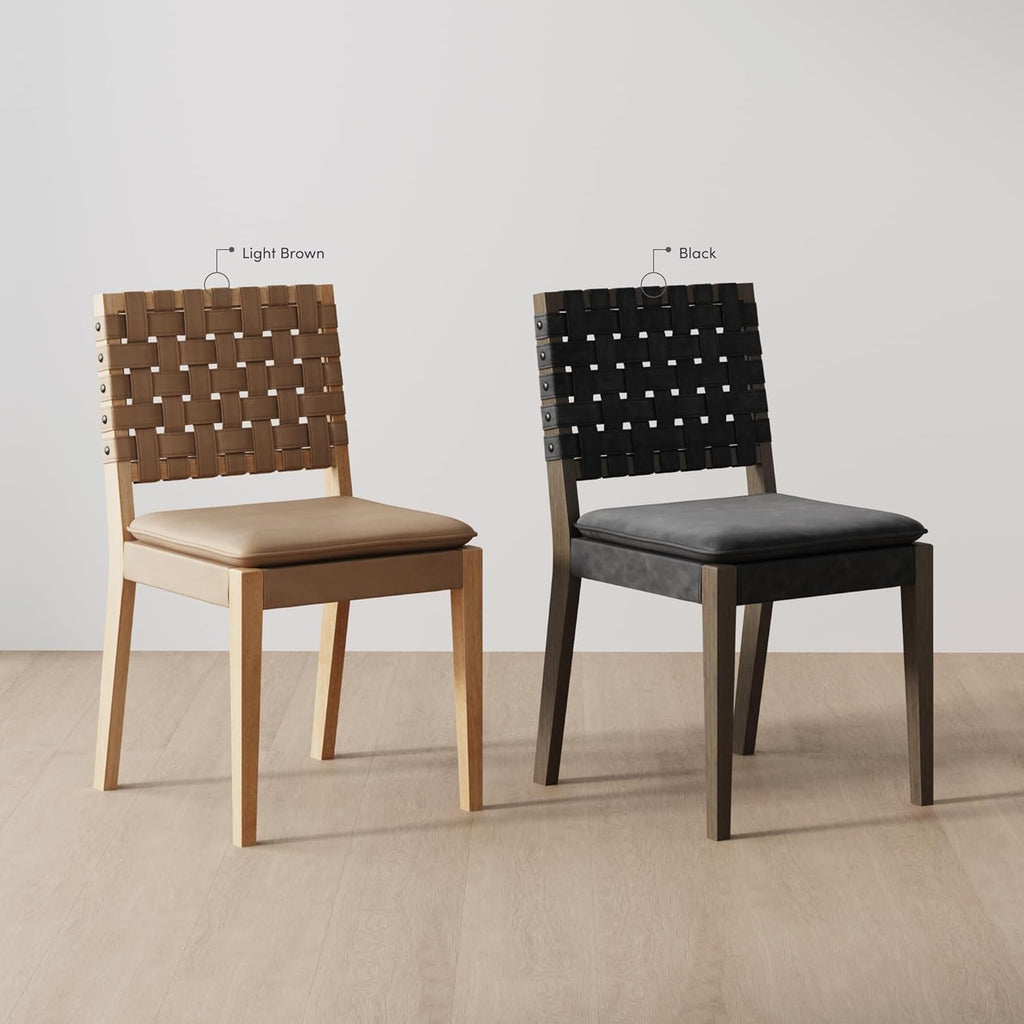Nathan James Cohen Wood Dining Chair, Mid-Century Modern Upholstered Side Chair with Hand Woven Faux Leather Backrest, Natural Brown, Set of 2
