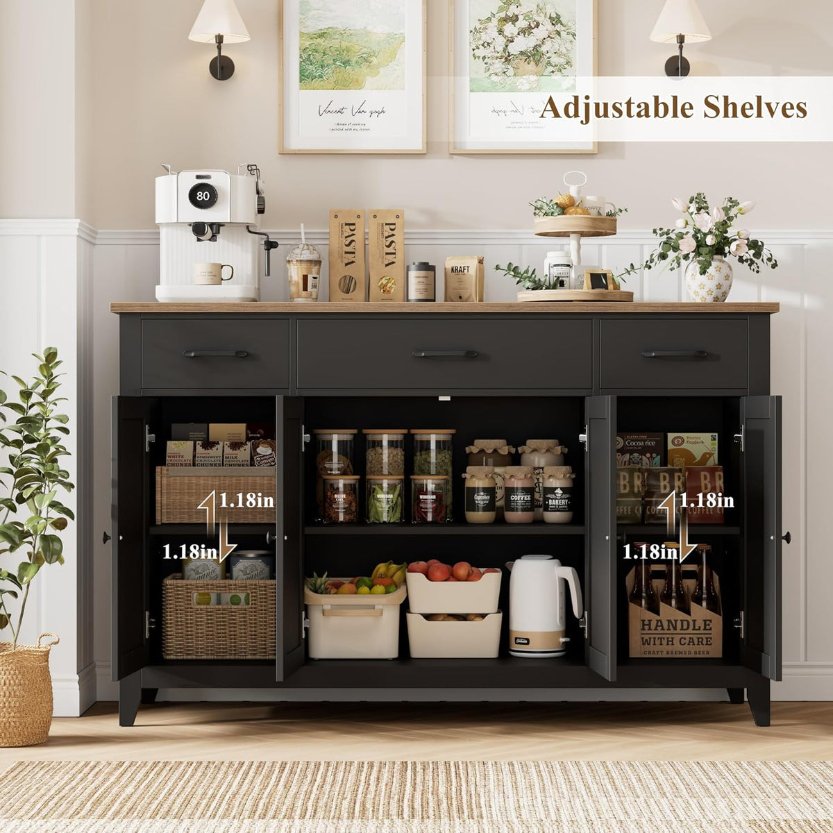 HORSTORS 55" Buffet Cabinet, Modern Farmhouse Sideboard Buffet with Drawers, Large Kitchen Storage Cabinet with Adjustable Shelves, Wood Coffee Bar for Kitchen, Dining Room, Living Room, Black