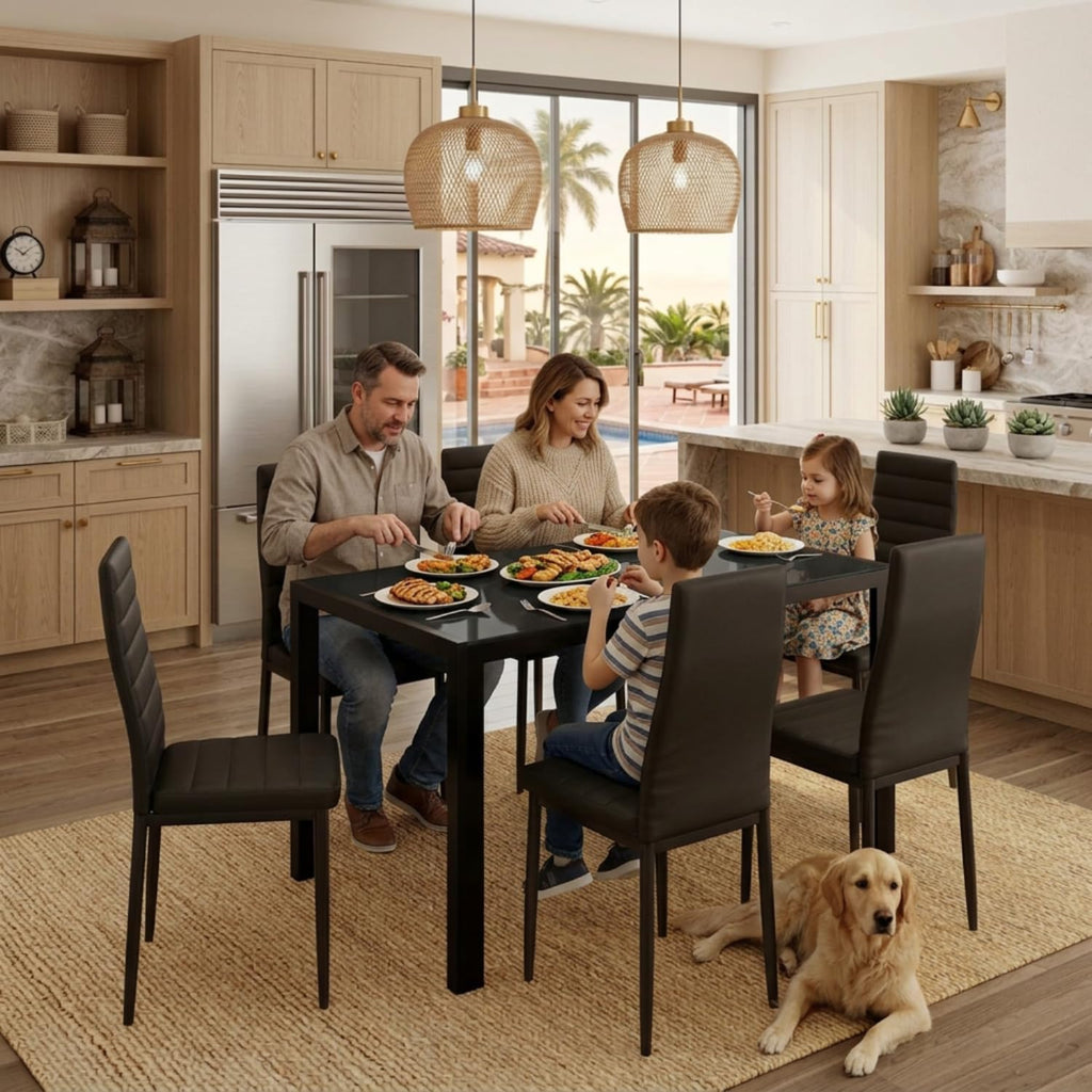 Gizoon Glass Dining Table Sets for 6, 7 Piece Kitchen Table and Chairs Set for 6 Person, PU Leather Modern Dining Room Sets for Home, Kitchen, Living Room