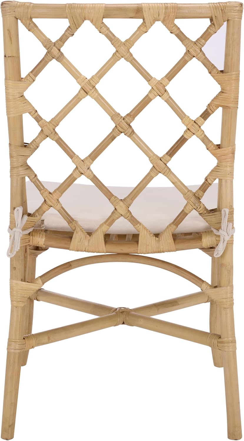 SAFAVIEH Home Collection - Haru Rattan Dining Chair Set of 2, Natural & Cream Upholstered Seat, Coastal Boho Accent Chair, Fully Assembled (SEA8039A)