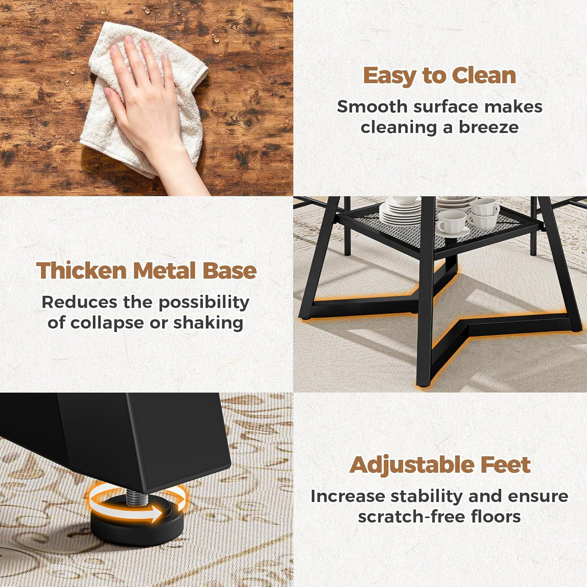 IRONCK Round Dining Table Set for 4, 47.2'' Kitchen Table with 4 PU Leather Upholstered Chairs, Dining Room Table Set with Large Storage Shelf, 5 Piece Kitchen Table and Chairs, Rustic Brown