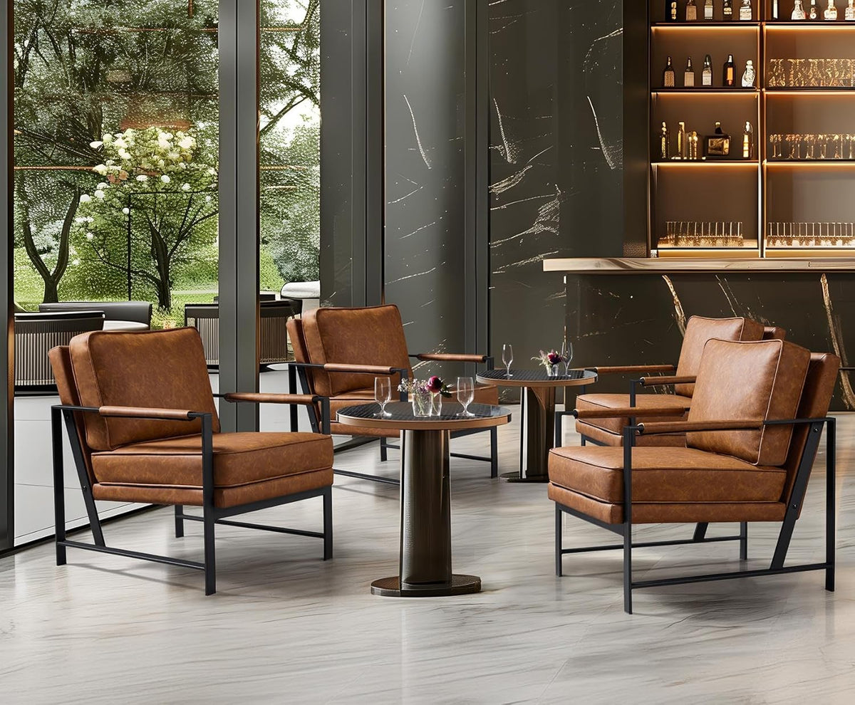 Yaheetech Set of 2 Accent Chairs for Living Room, Oversized Faux Leather Chair, Mid Century Modern Reading Chair for Bedroom Waiting Room, Light Brown
