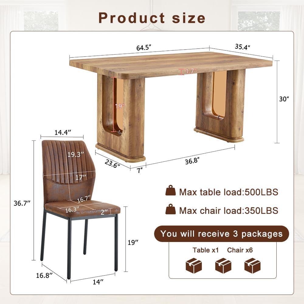 64.5" Dining Room Table Set for 6, Modern Farmhouse Wood Dining Table Set with Decorative Pedestal Legs & 6 Cushioned Chairs,Rustic Brown Kitchen Table Set for Kitchen, Easy Assembly