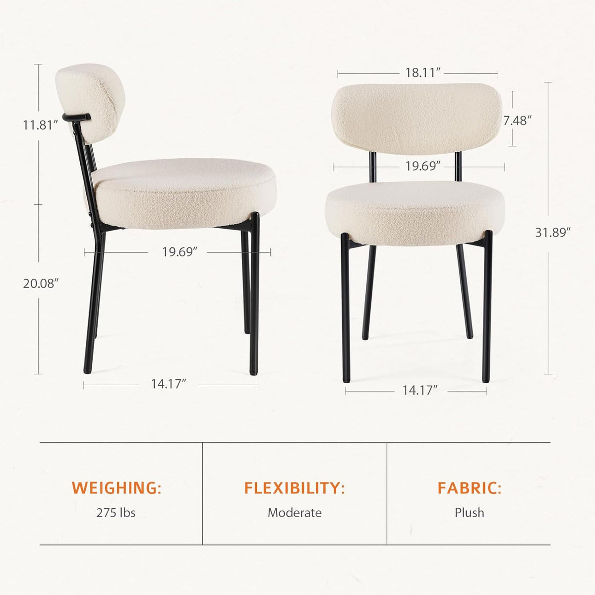Sweetcrispy Dining Chairs Set of 6, Boucle Upholstered Modern Mid Century Round Kitchen Chairs with Curved Backrest & Metal Legs for Vanity, Living Room - Classic Beige
