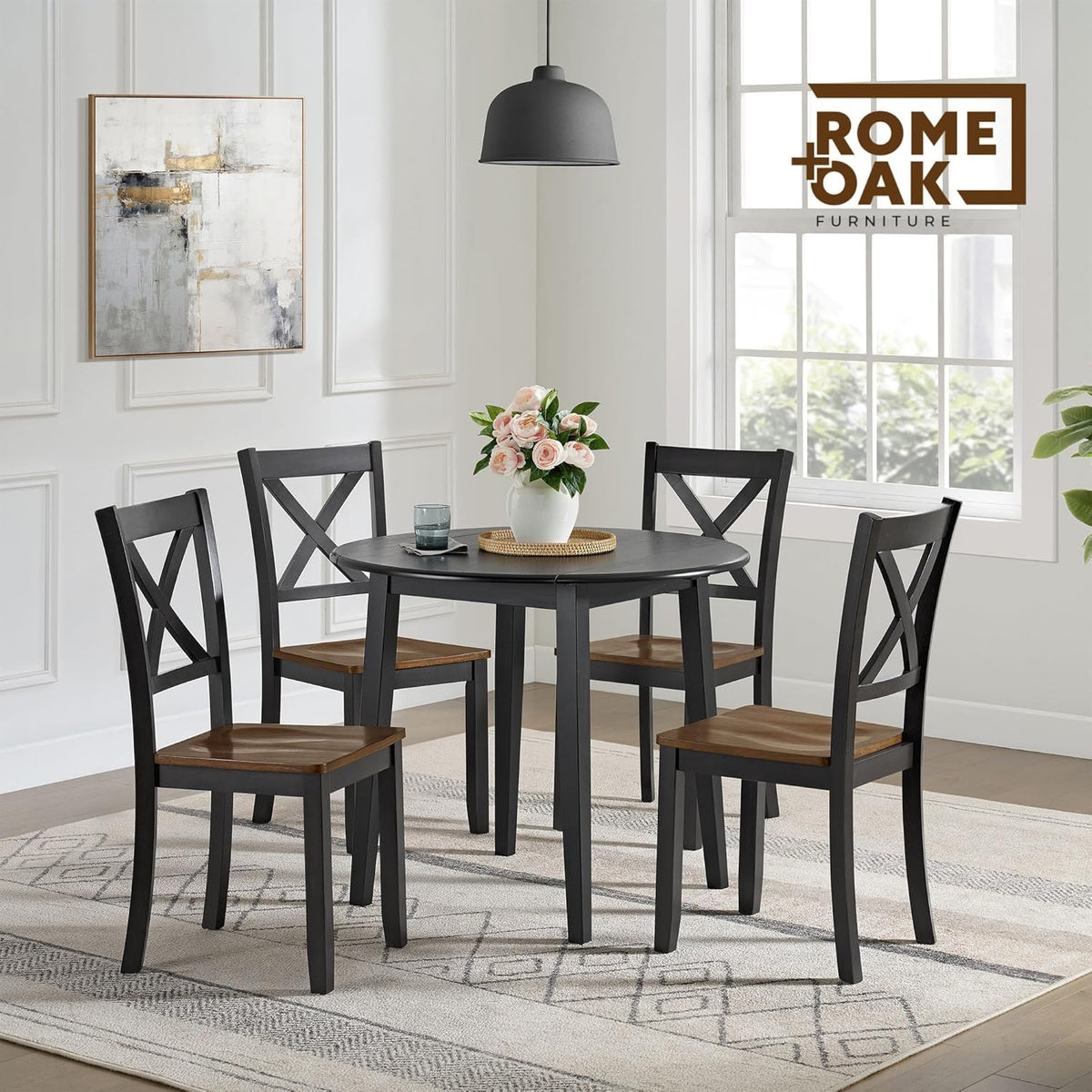 ROME + OAK X-Back Farmhouse Wooden Armless Dining Chairs in Black/Dark Brown, Set of 2 - Indoor Home Kitchen Seating Furniture