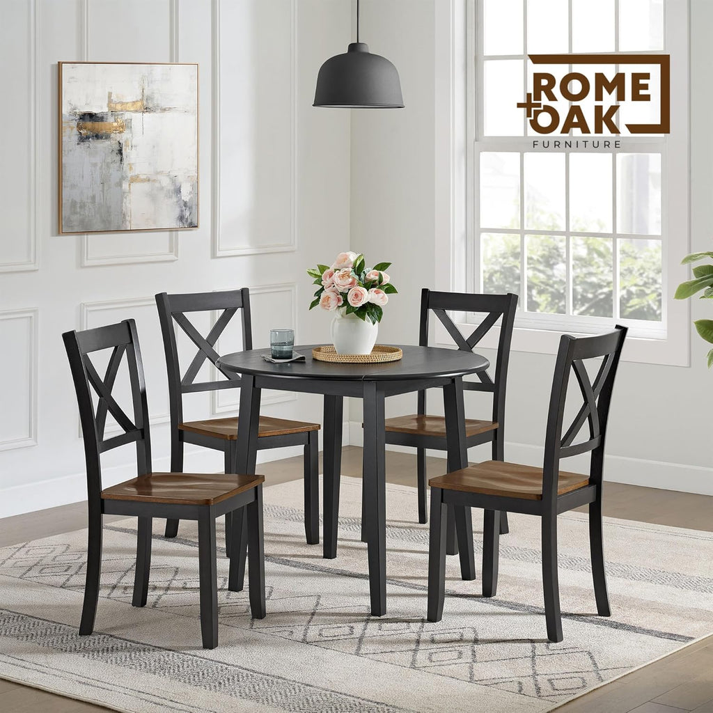 ROME + OAK X-Back Farmhouse Wooden Armless Dining Chairs in Black/Dark Brown, Set of 2 - Indoor Home Kitchen Seating Furniture