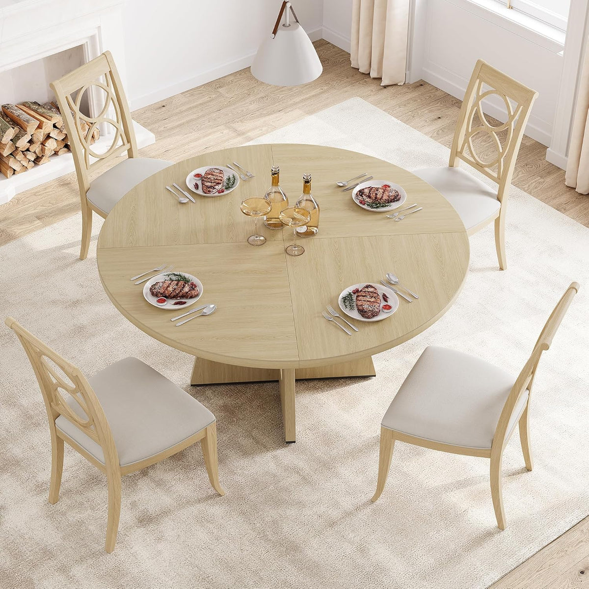 IDEALHOUSE 47" Round Dining Table Set for 4 to 6, Farmhouse Kitchen Table with Wooden Top and Pedestal Base, Circle Dinner Table for Dining Room, Kitchen Room - (No Chairs) (Burlywood)