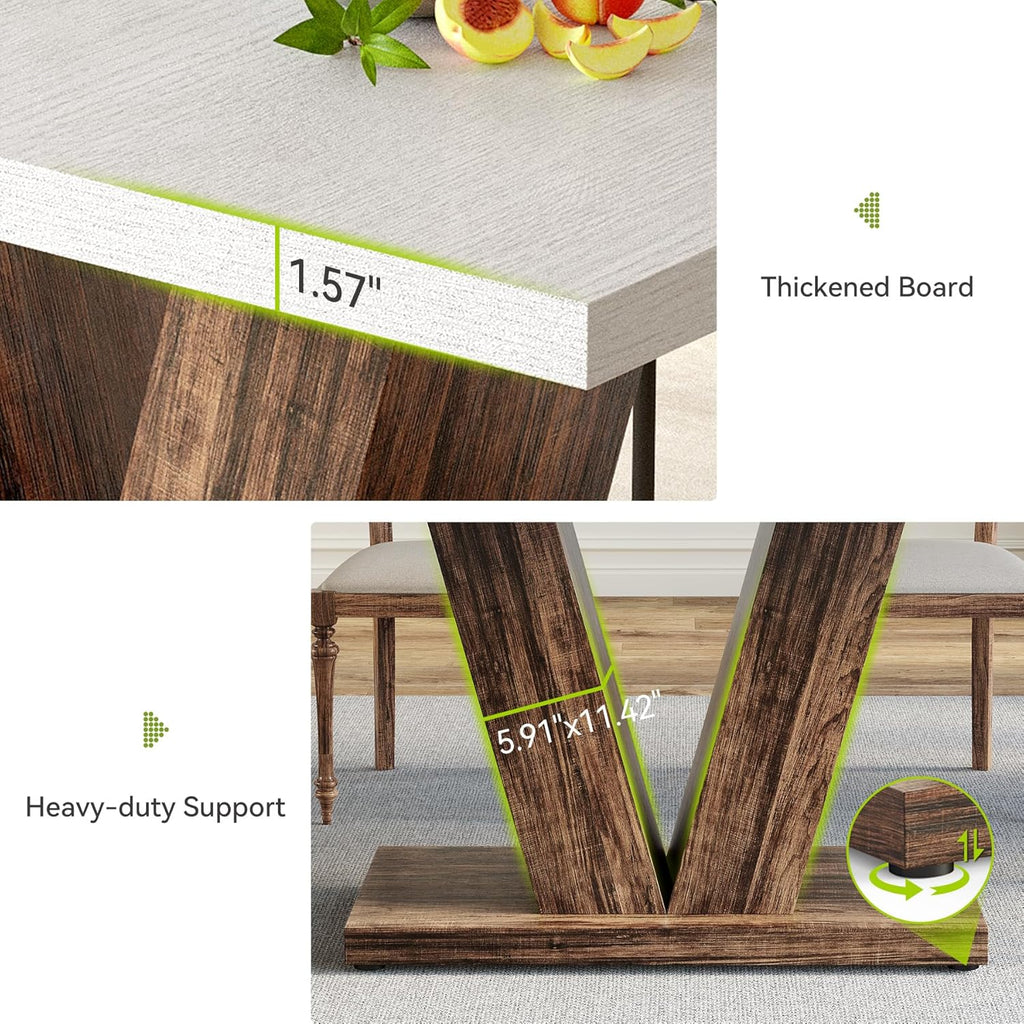 LITTLE TREE 47 Inches Dining Table for 4, Modern Dining Room Tables, White Rectangle Kitchen Table with Rustic Brown V-Shaped Pedestal, Wooden Dinner Table for Dining Room, Kitchen, Living Room