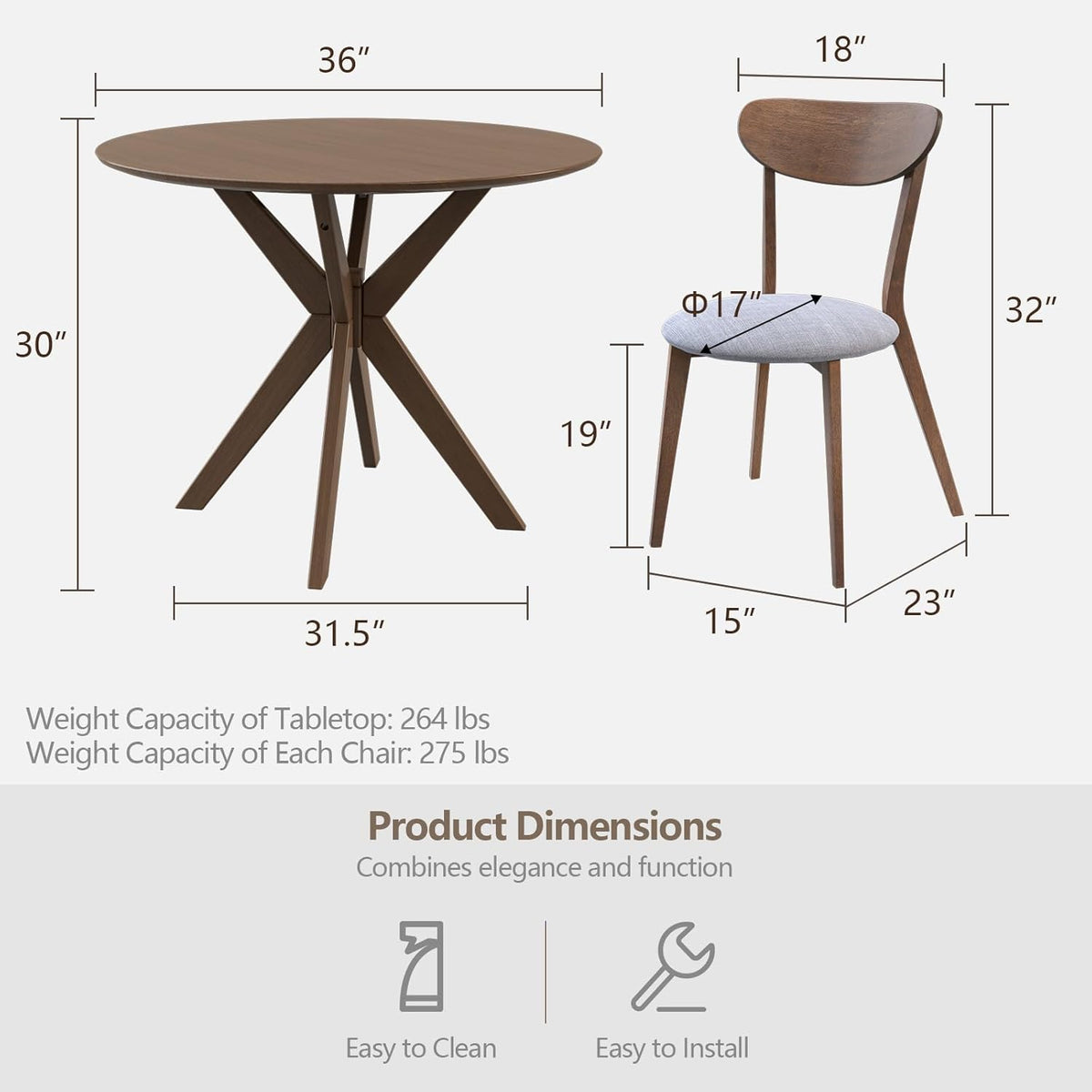 Giantex 3-Piece Dining Table and Chair Set, Wooden Kitchen Table Set, Farmhouse Round Kitchen Table and 2 Cushioned Dinette Chairs, Mid-Century Dining Table Set for Dining Room, Living Room
